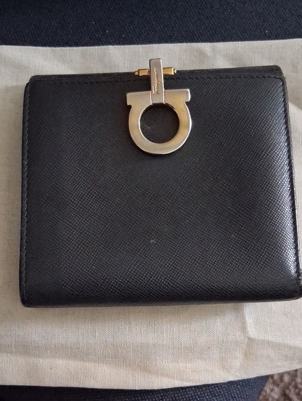 Salvatore Ferragamo Black Leather Bifold Wallet with Silver-Gold Gancini